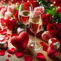 Valentines day background with red roses, gift box and two glasses of champagne Royalty Free Stock Photo